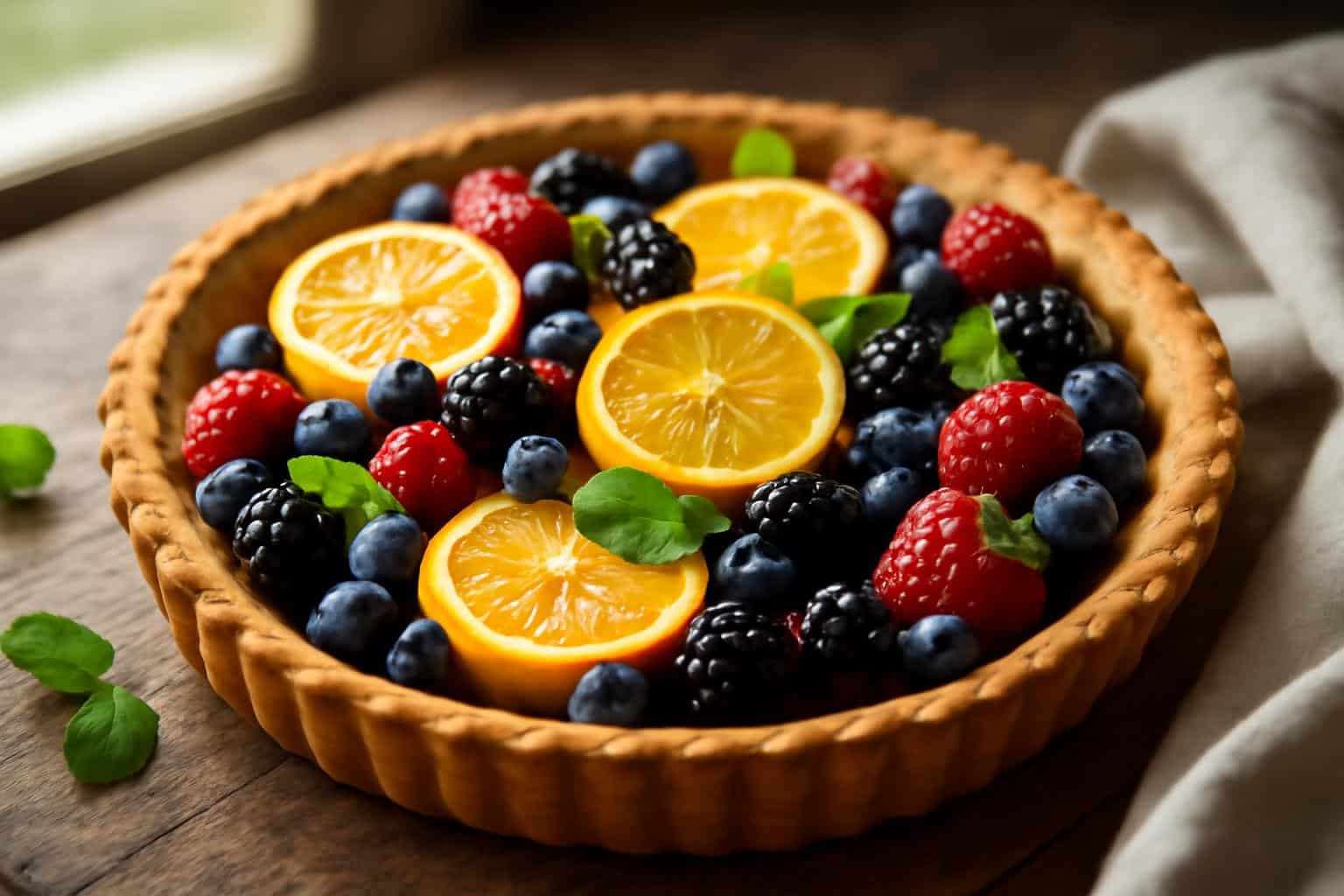 A vibrant baked berry and citrus fairy tart recipe with fresh mint garnish on rustic wooden surface