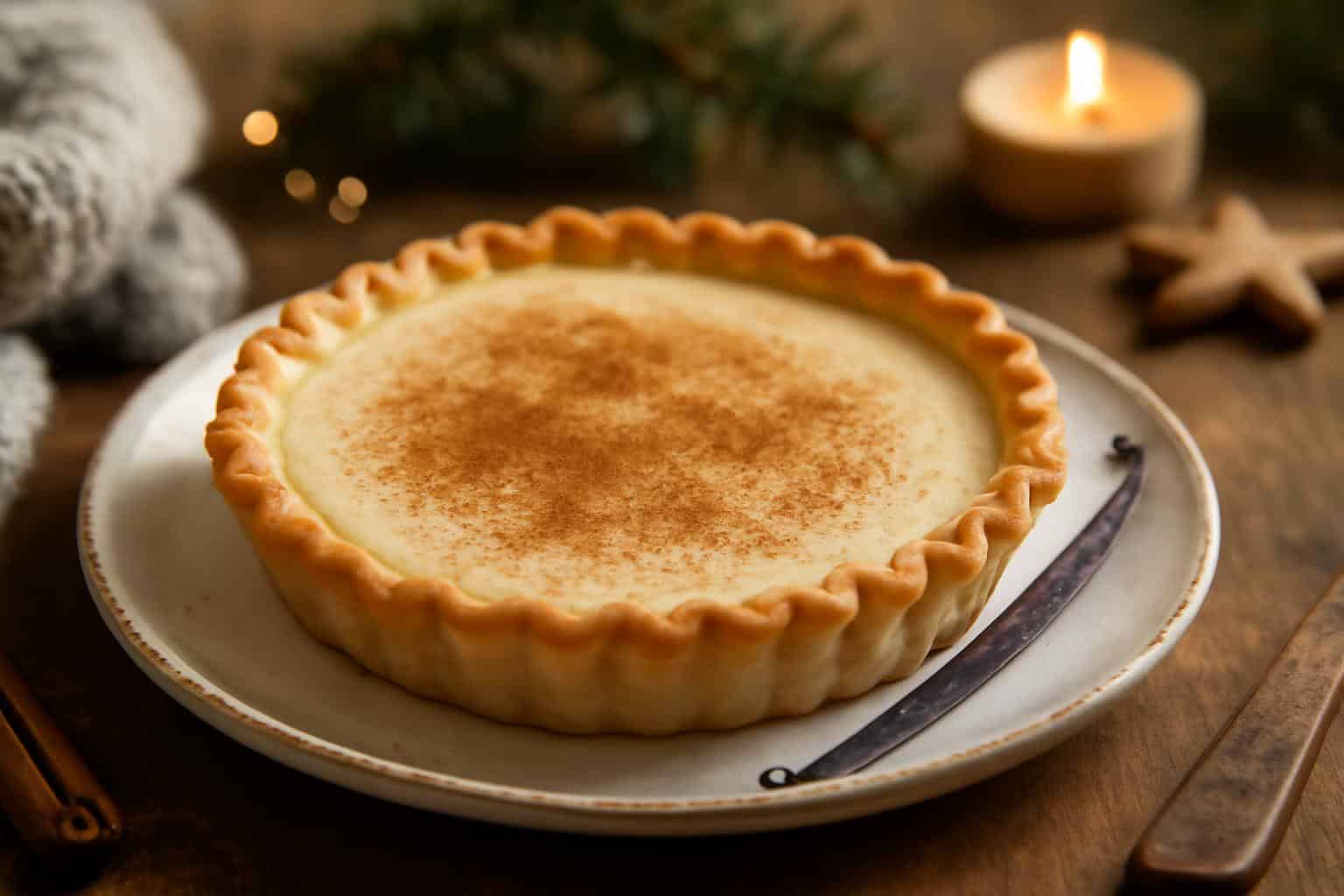 Creamy cinnamon-vanilla custard pie with cinnamon dusting and vanilla bean garnish