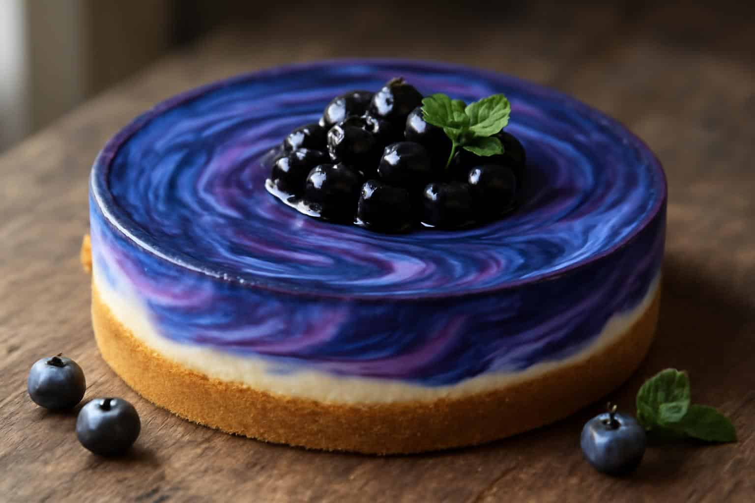 Galaxy blueberry cheesecake with creamy filling and blueberry swirls on golden crust