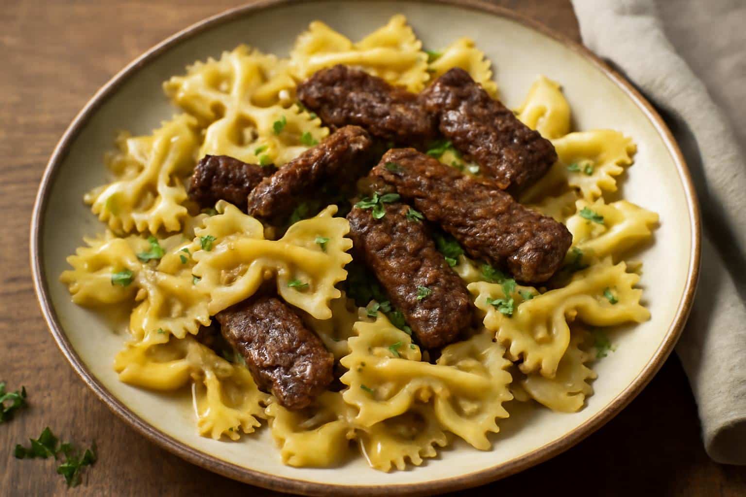 Garlic butter pasta with bowtie noodles and tender beef strips garnished with parsley