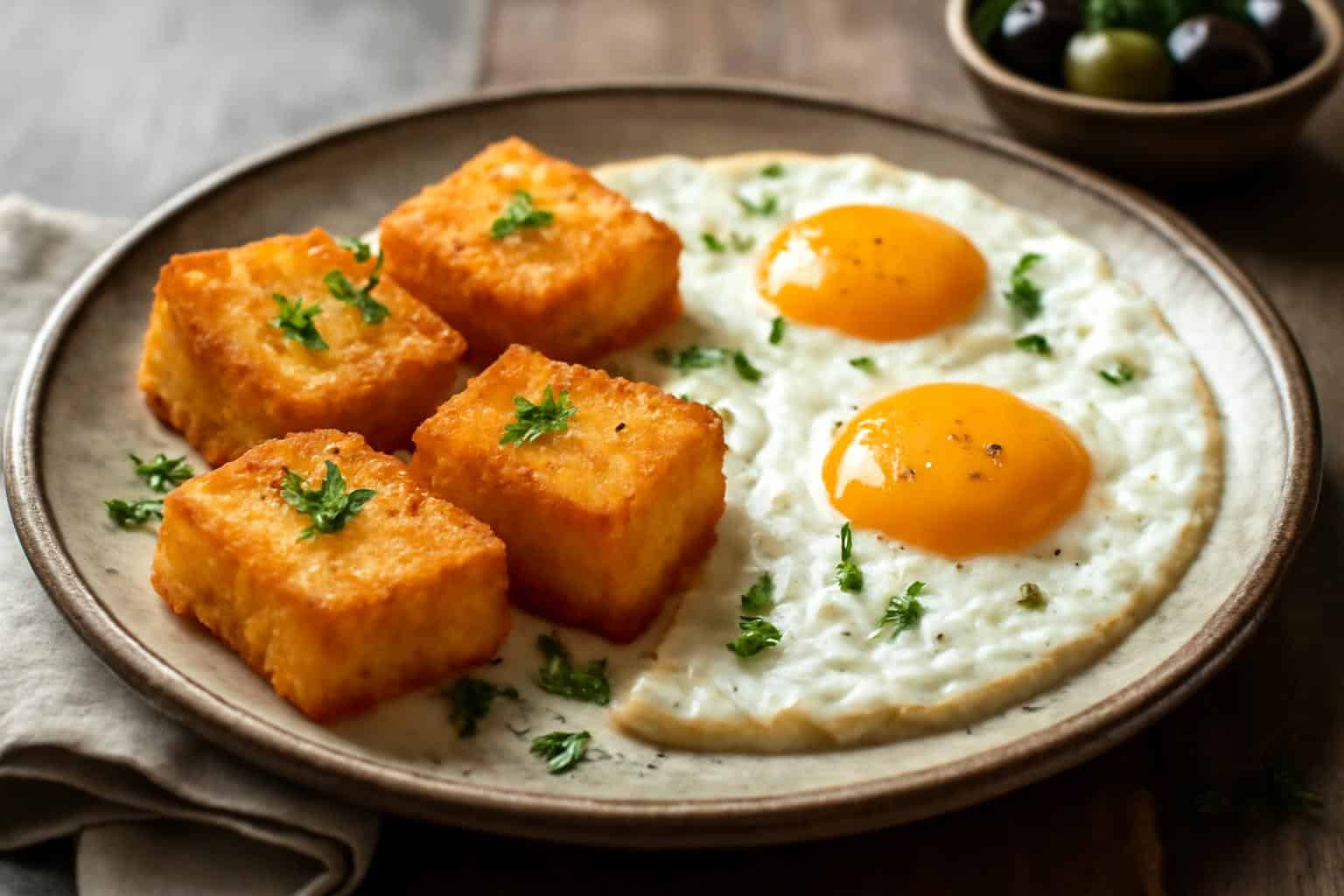 Golden crispy feta with fried eggs garnished with parsley and black pepper, crispy feta eggs breakfast