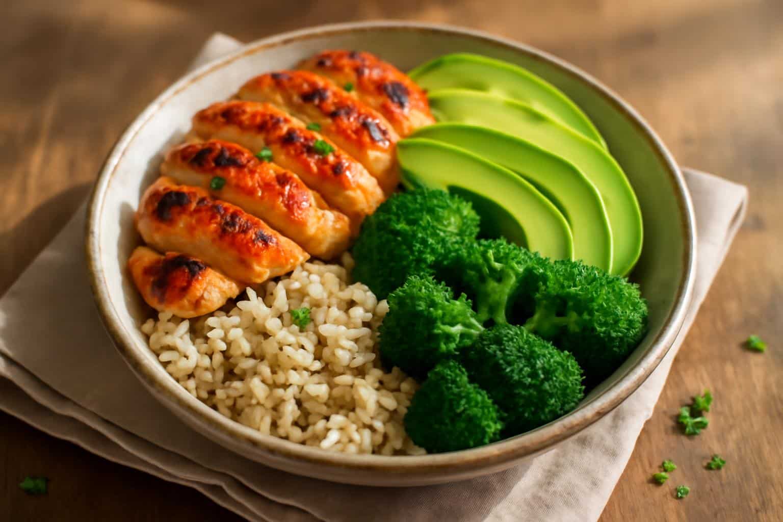 Healthy chicken rice bowl with avocado and broccoli served in a rustic bowl with fresh herbs