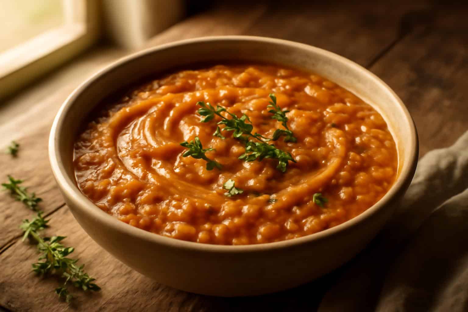 Hearty caramelized onion soup with red lentils garnished with fresh thyme and olive oil
