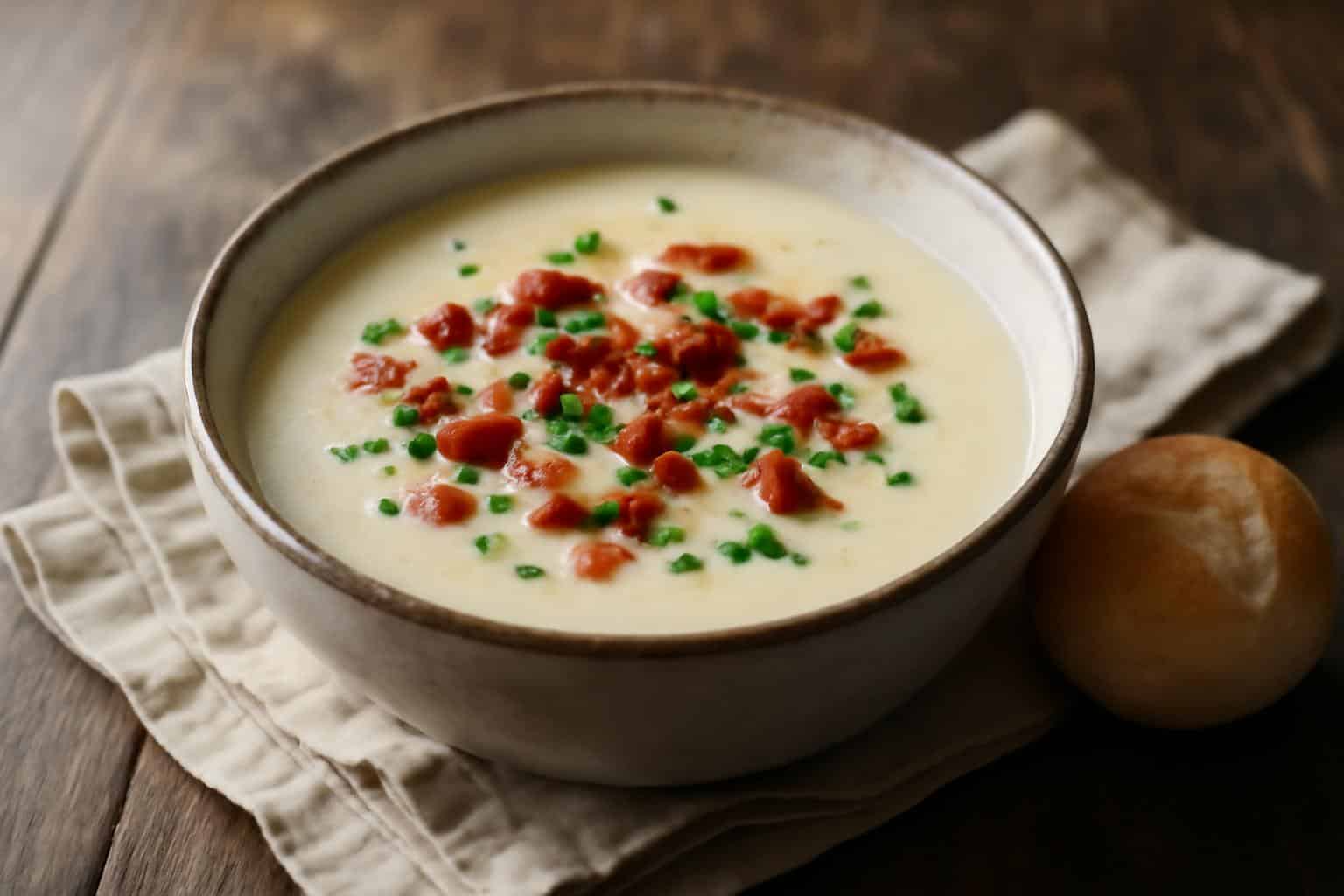 A bowl of creamy potato soup garnished with chives and bacon bits highlighting the creamy potato soup