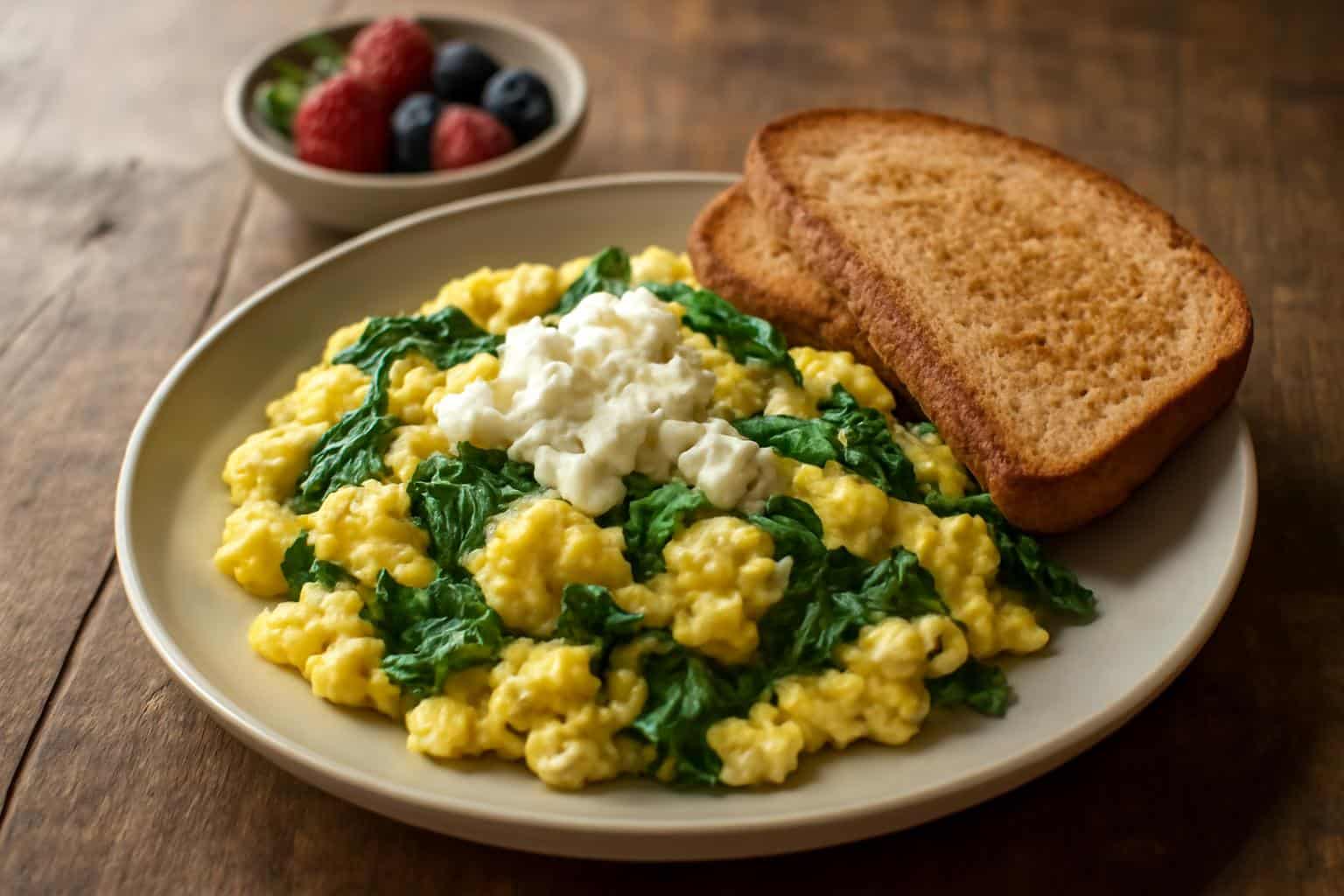 High-protein breakfast with scrambled eggs and spinach on toast, garnished with fresh berries