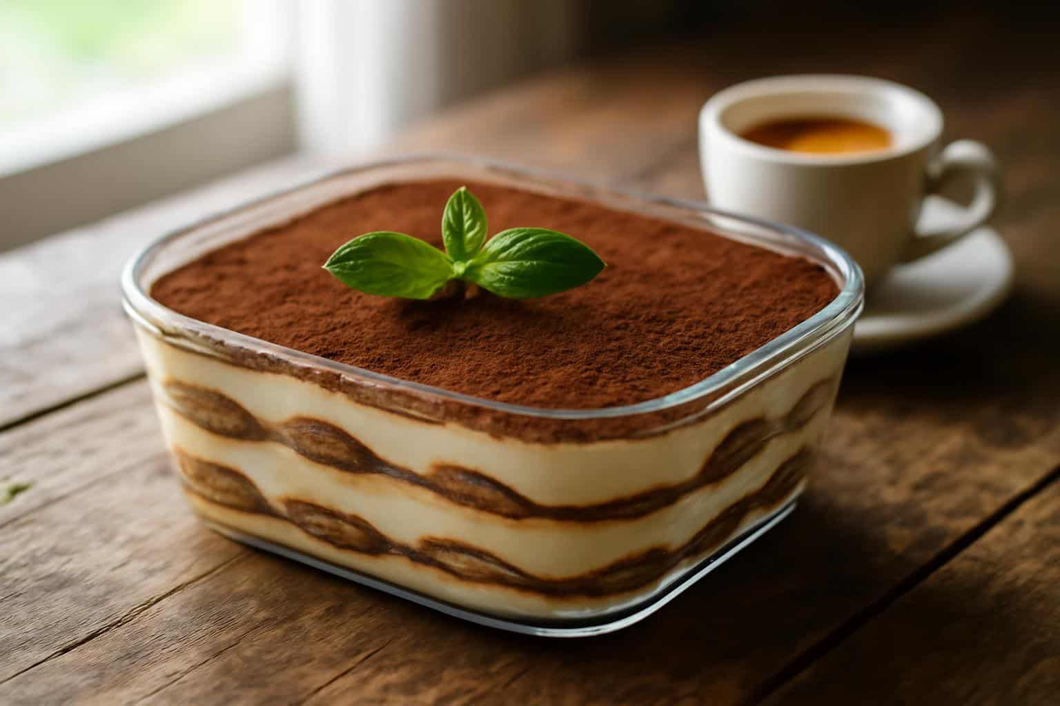 Homemade tiramisu dessert with creamy layers and cocoa powder dusting