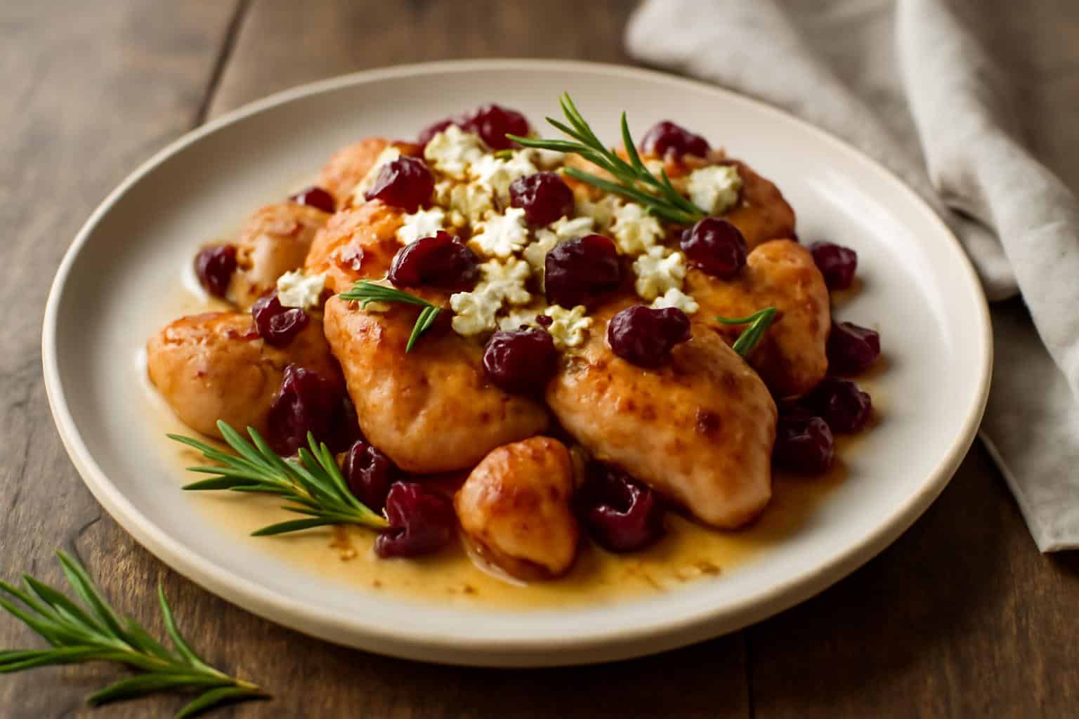 Honey cranberry chicken bake topped with feta cheese and garnished with rosemary and cranberries