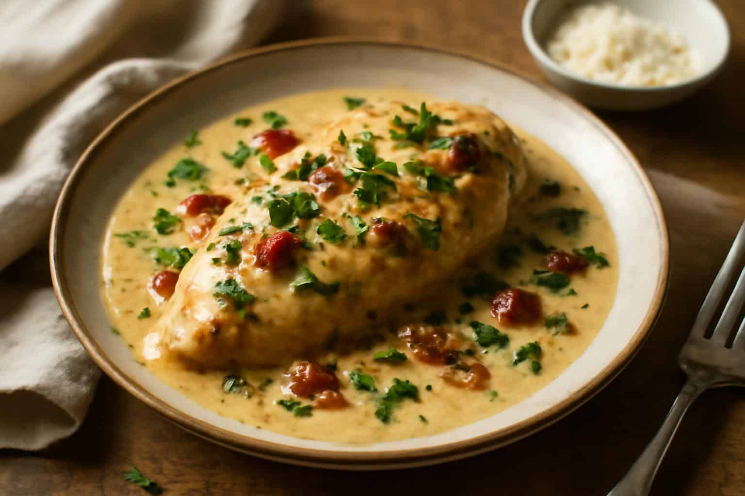 Creamy marry me chicken plated with parsley and sun-dried tomatoes in a rich sauce