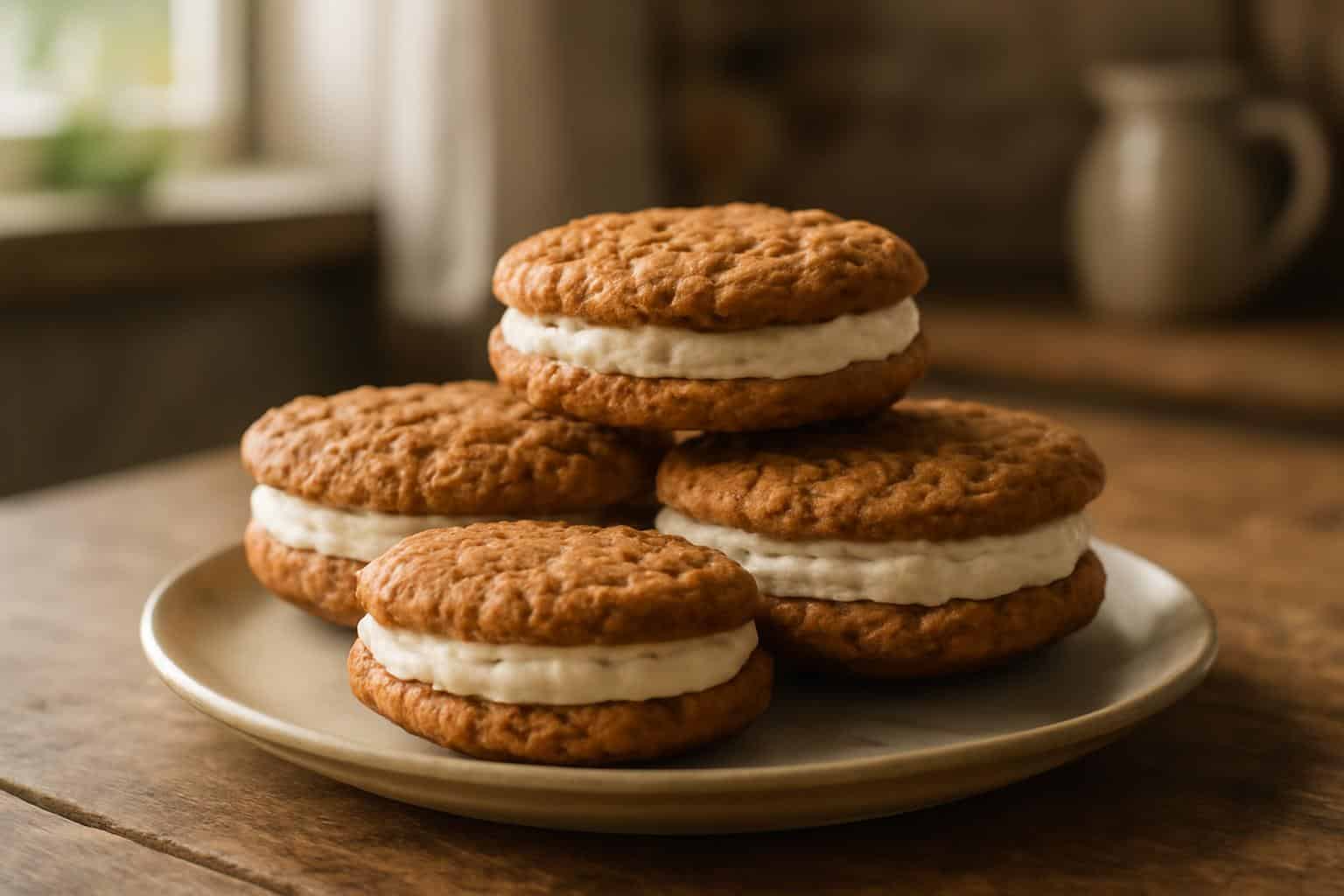 Homemade oatmeal cream pies with soft cookies and creamy filling, fresh and inviting dessert