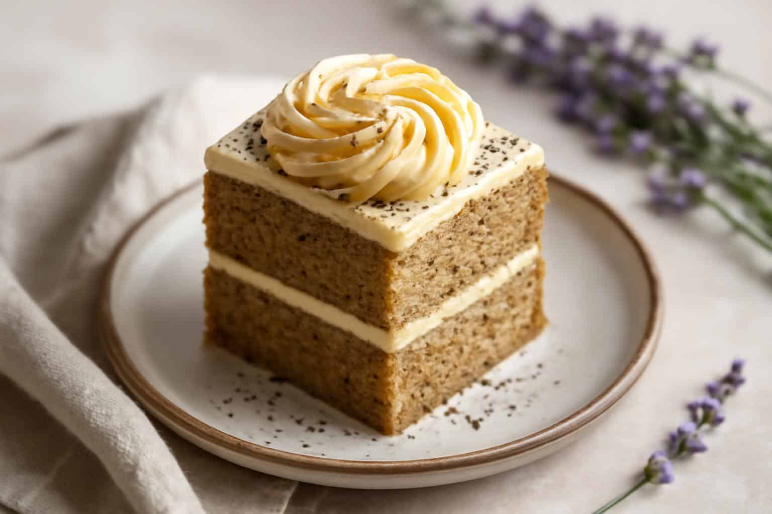 Moist and fragrant london fog cake slice with vanilla frosting and Earl Grey tea garnish