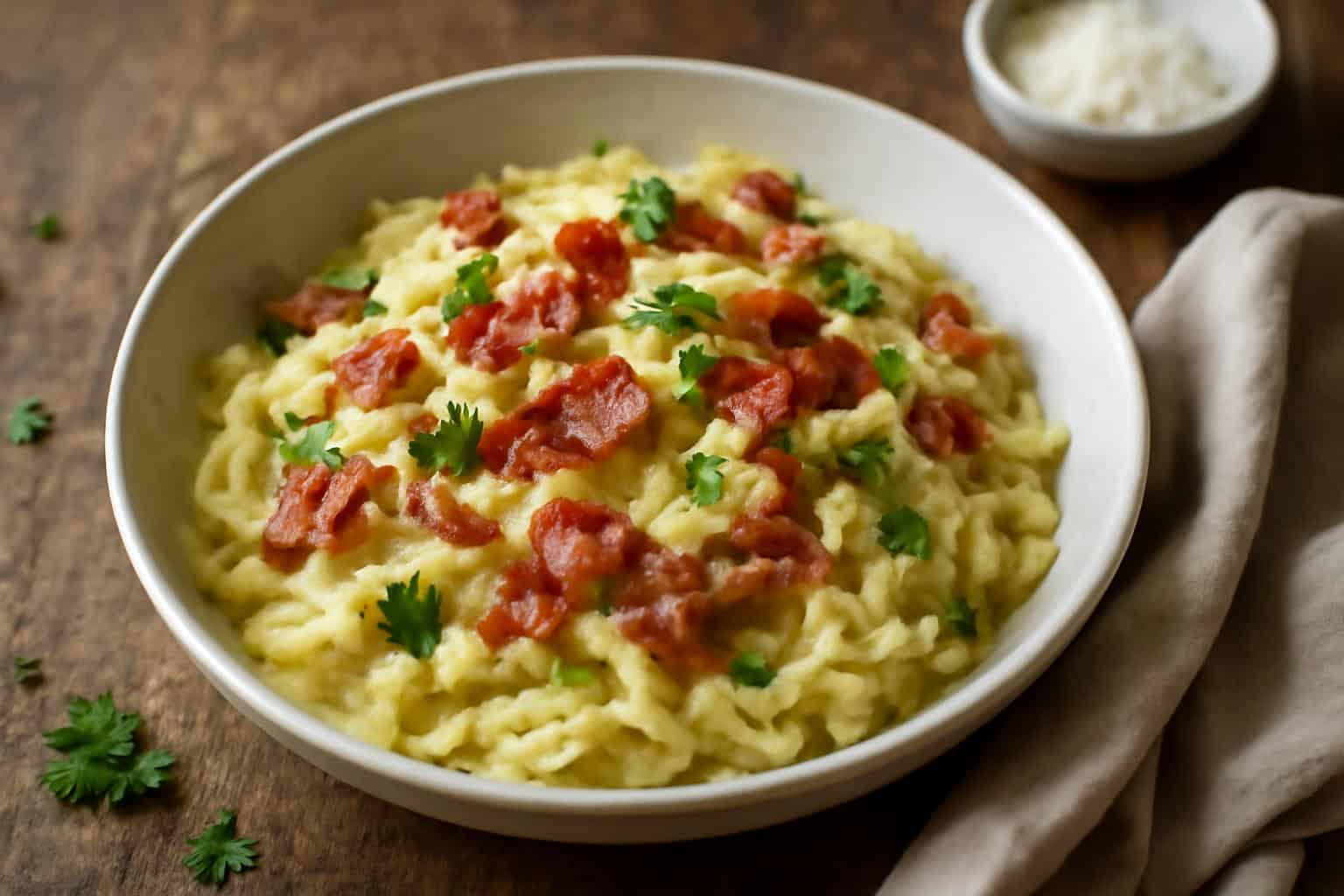 Low carb cabbage carbonara with creamy sauce and crispy bacon on rustic table