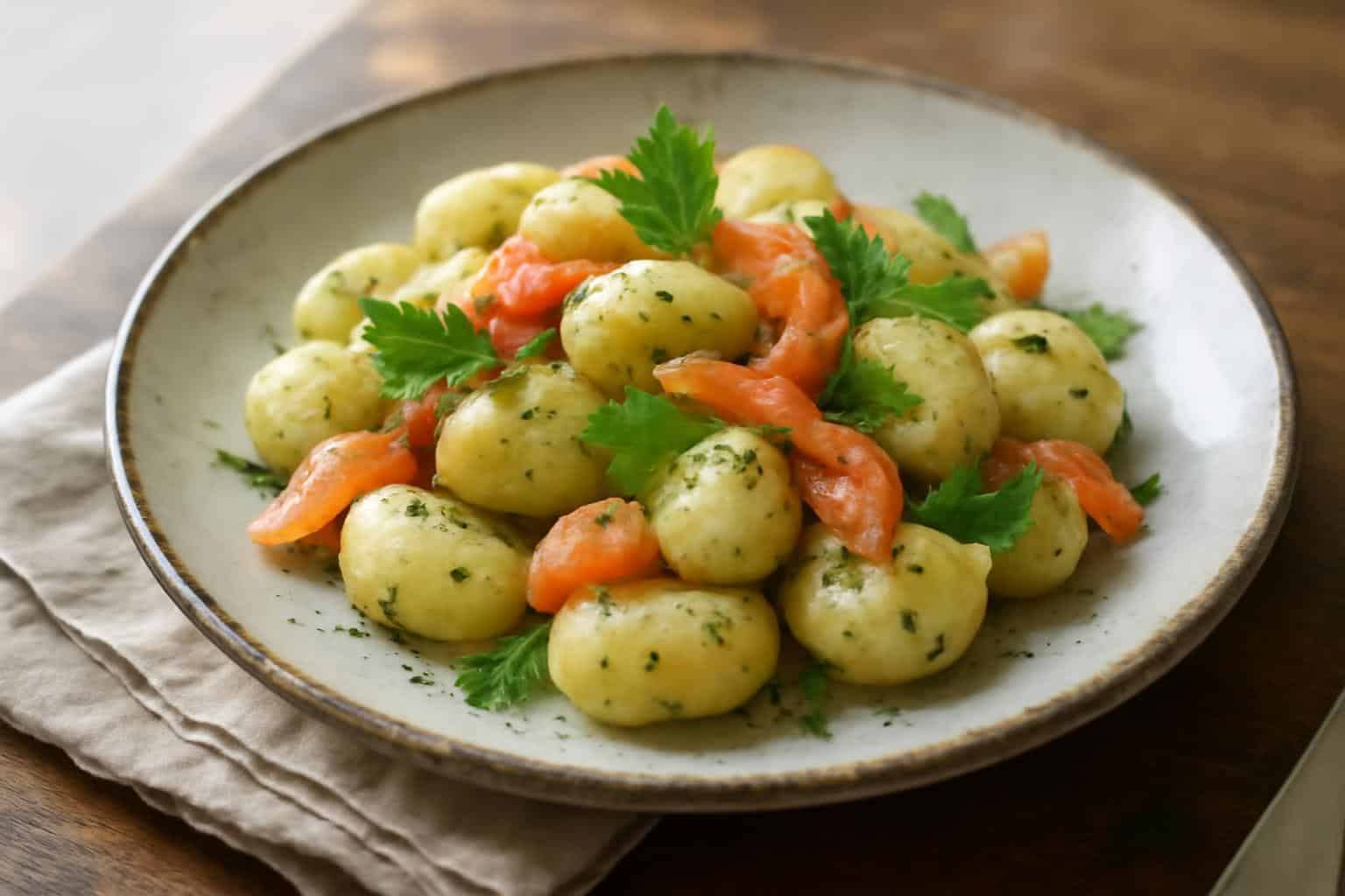 Healthy gnocchi with smoked salmon and fresh herbs on rustic plate
