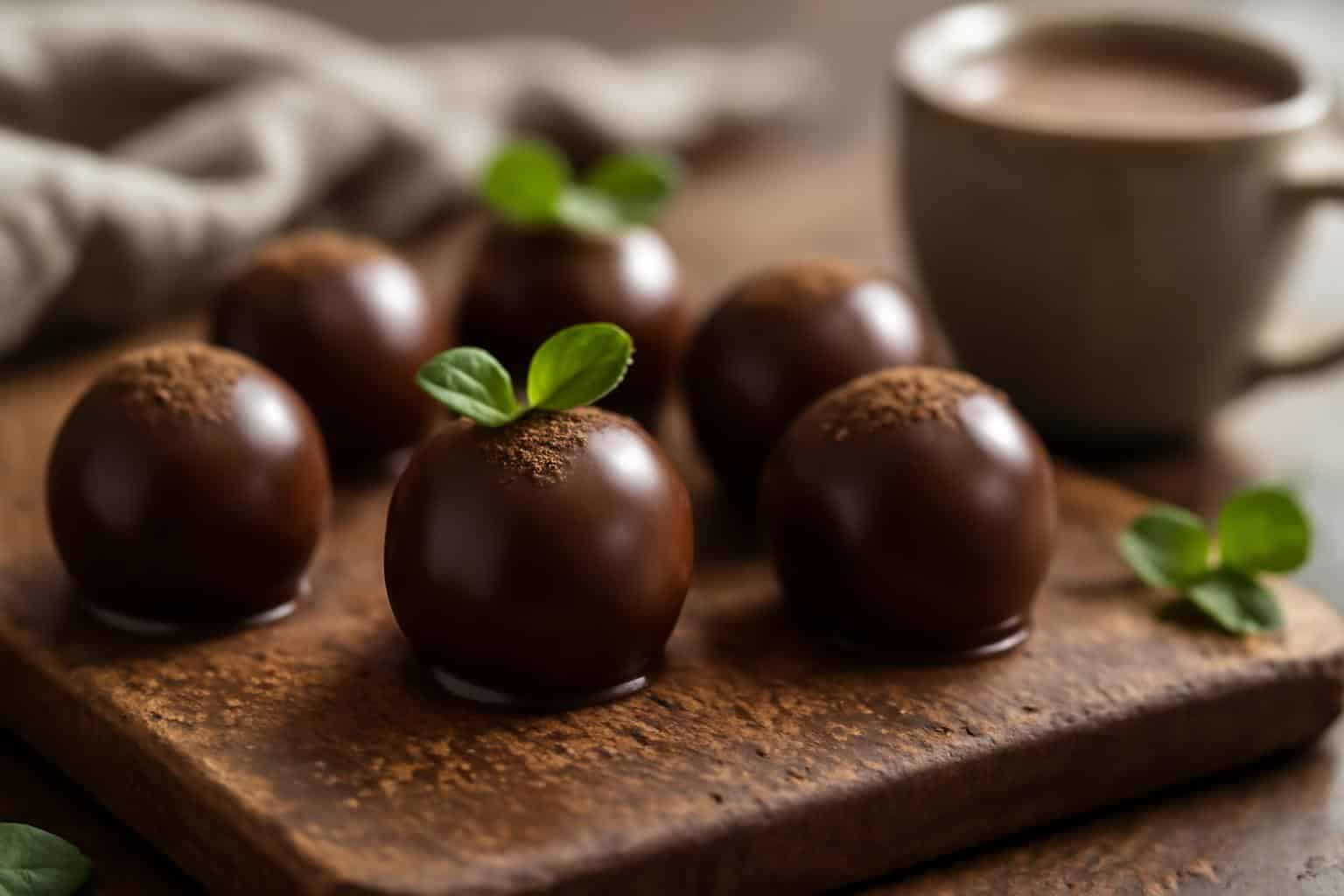Homemade chocolate truffles on rustic board with cocoa powder garnish