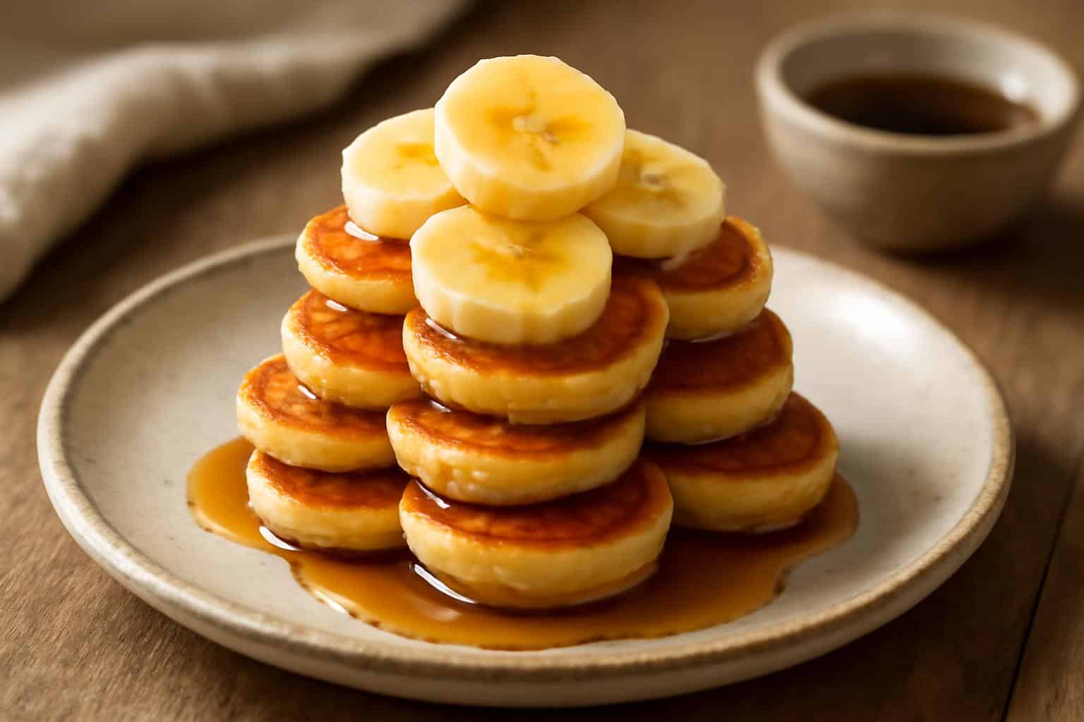 Golden mini banana pancake bites stacked with fresh banana slices and syrup drizzled, showcasing banana pancake bites