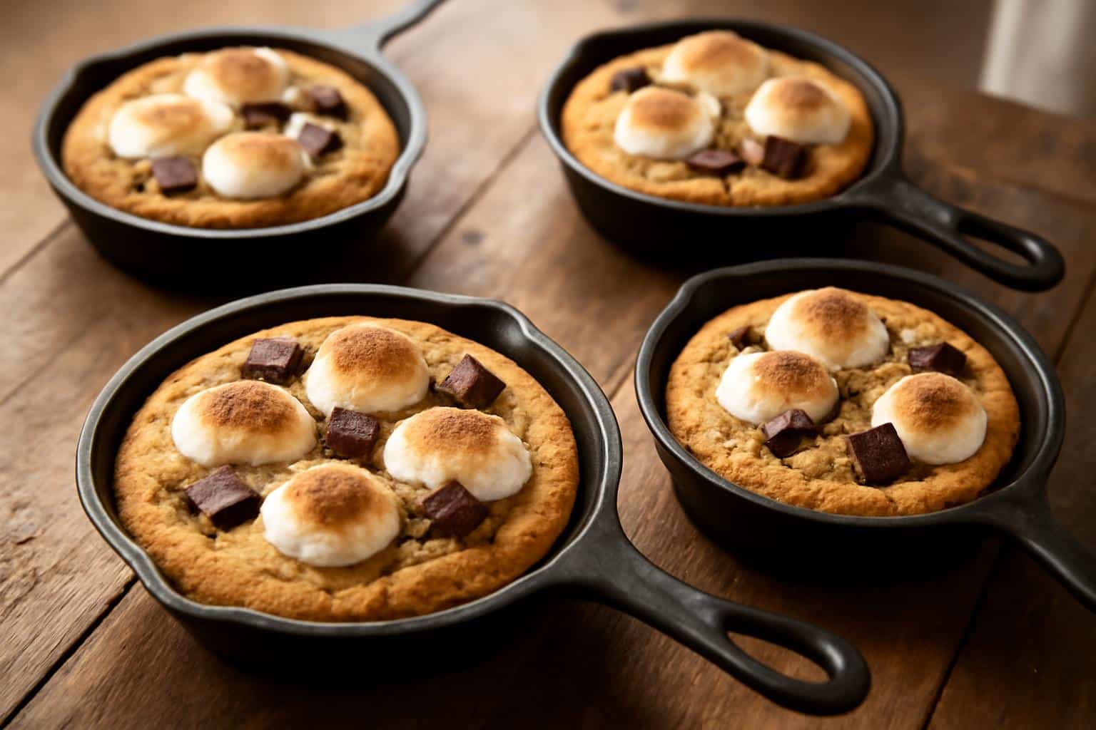Mini smore cookie skillets fresh baked with melted marshmallows and chocolate chunks in cast iron pans