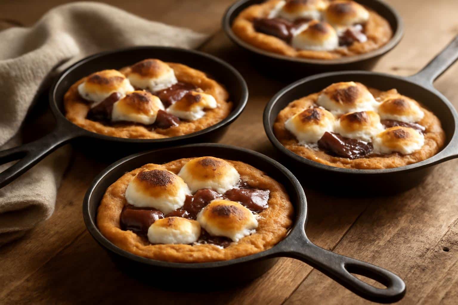 Mini smore cookie skillets with melted chocolate and toasted marshmallows in rustic setting