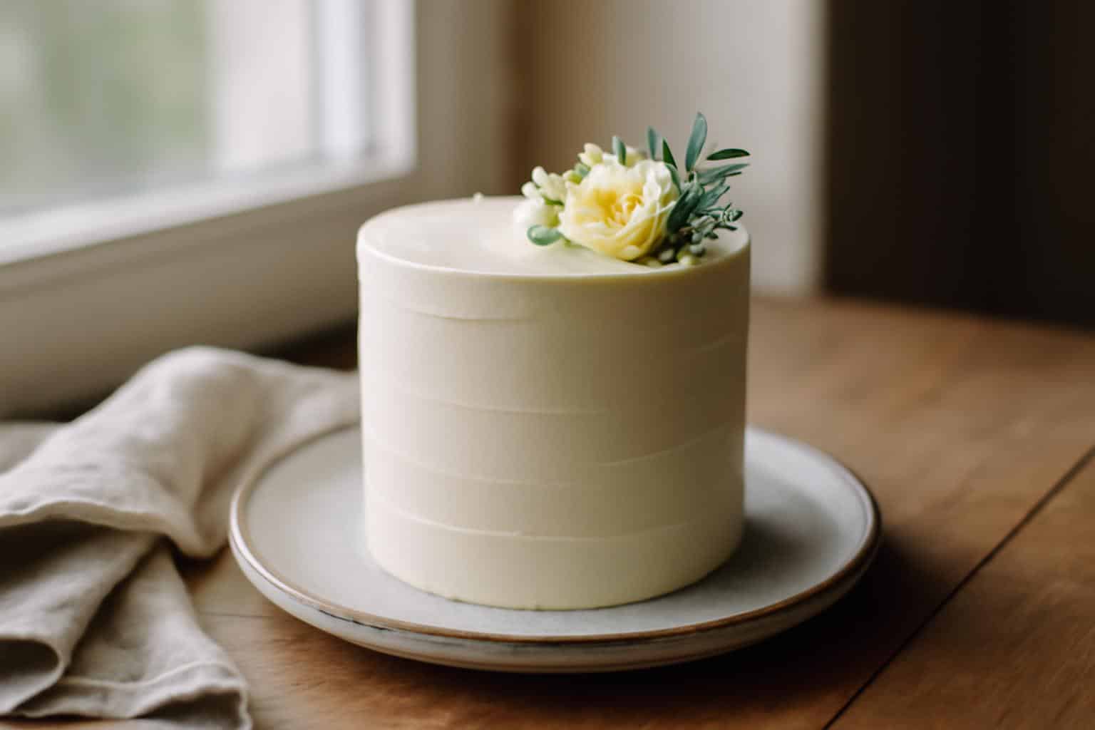 Minimalistic cake with smooth white frosting and flower garnish under natural lighting