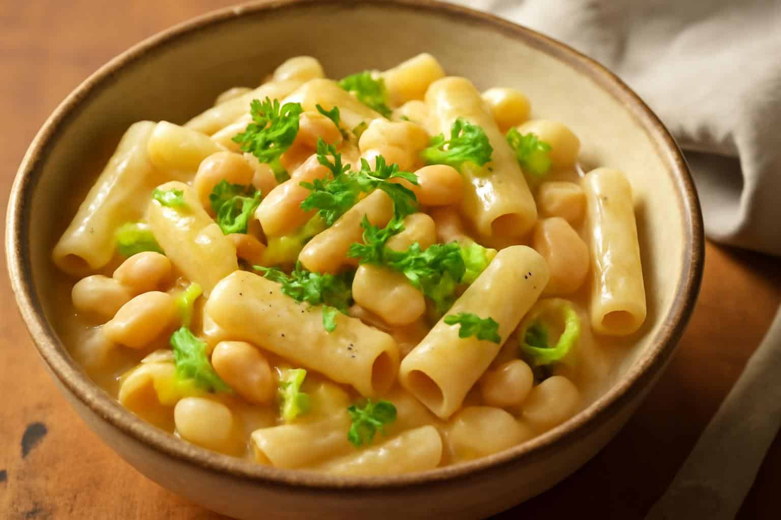 Miso pasta with leeks and cannellini beans in a rustic bowl garnished with parsley