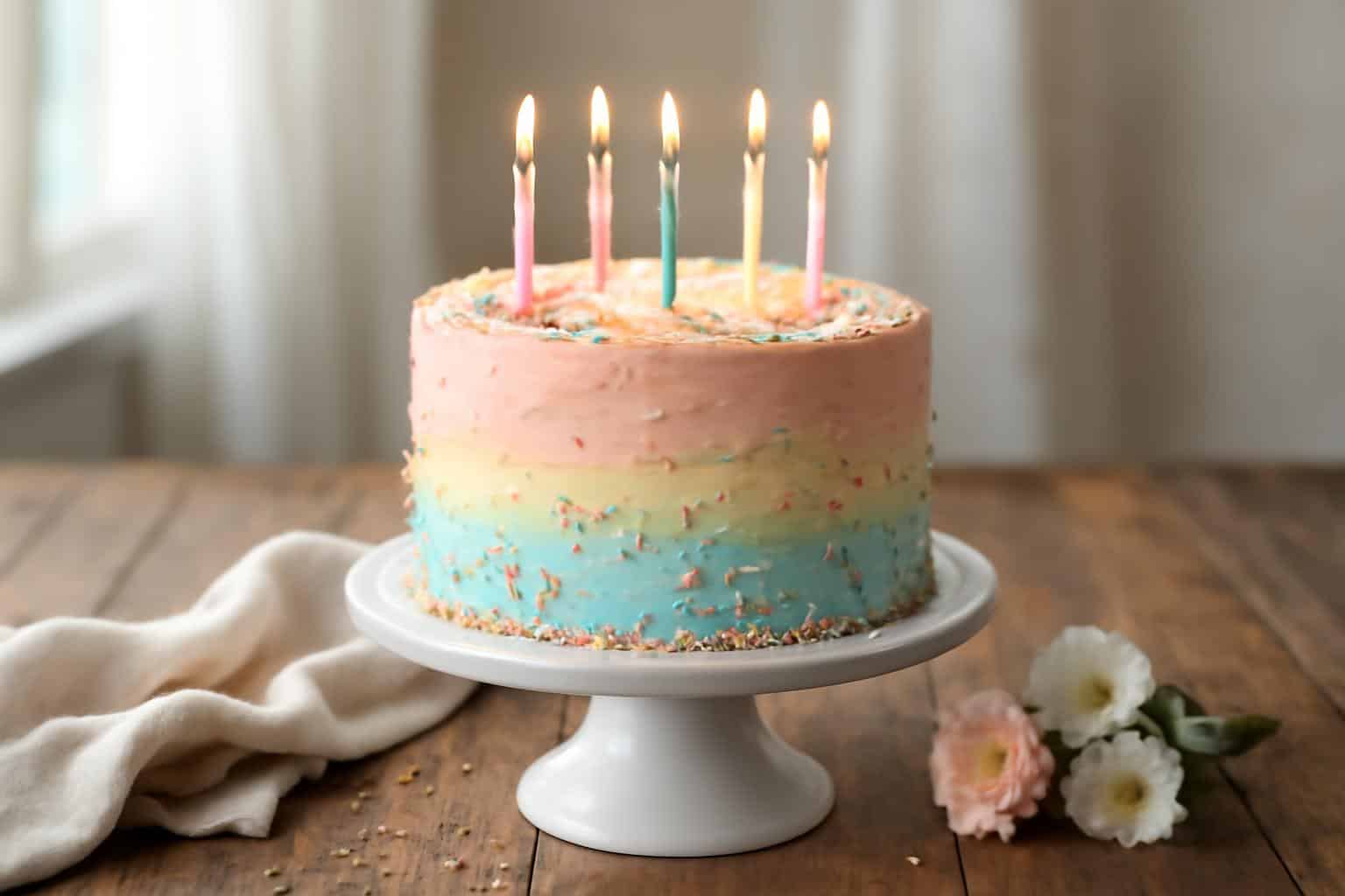 Moist vanilla birthdaycake with pastel buttercream frosting and rainbow sprinkles on white cake stand