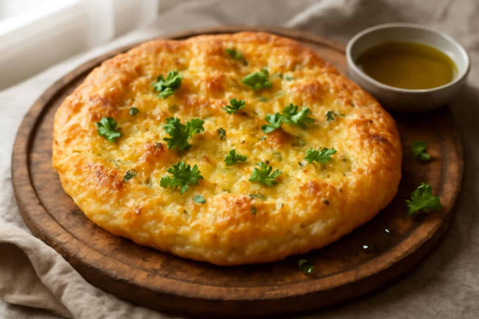 No knead garlic flatbread recipe with liquid batter served on wooden board with parsley garnish