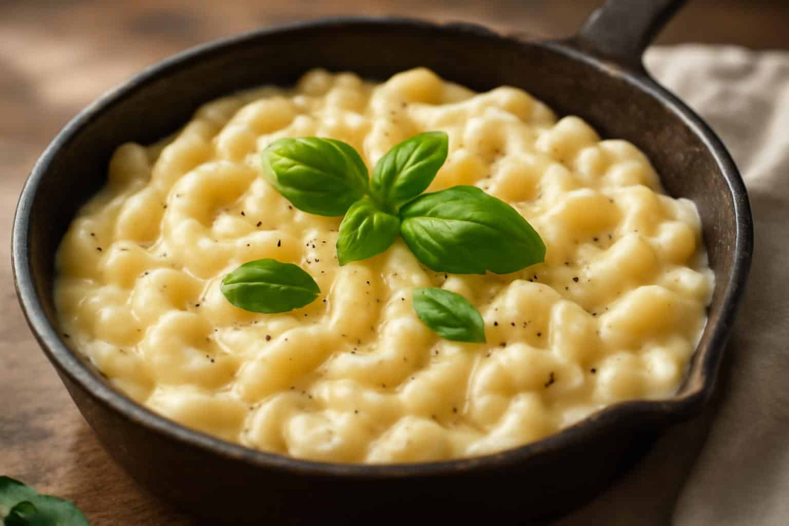 Creamy one-pan white cheddar mozzarella pasta garnished with fresh basil and black pepper