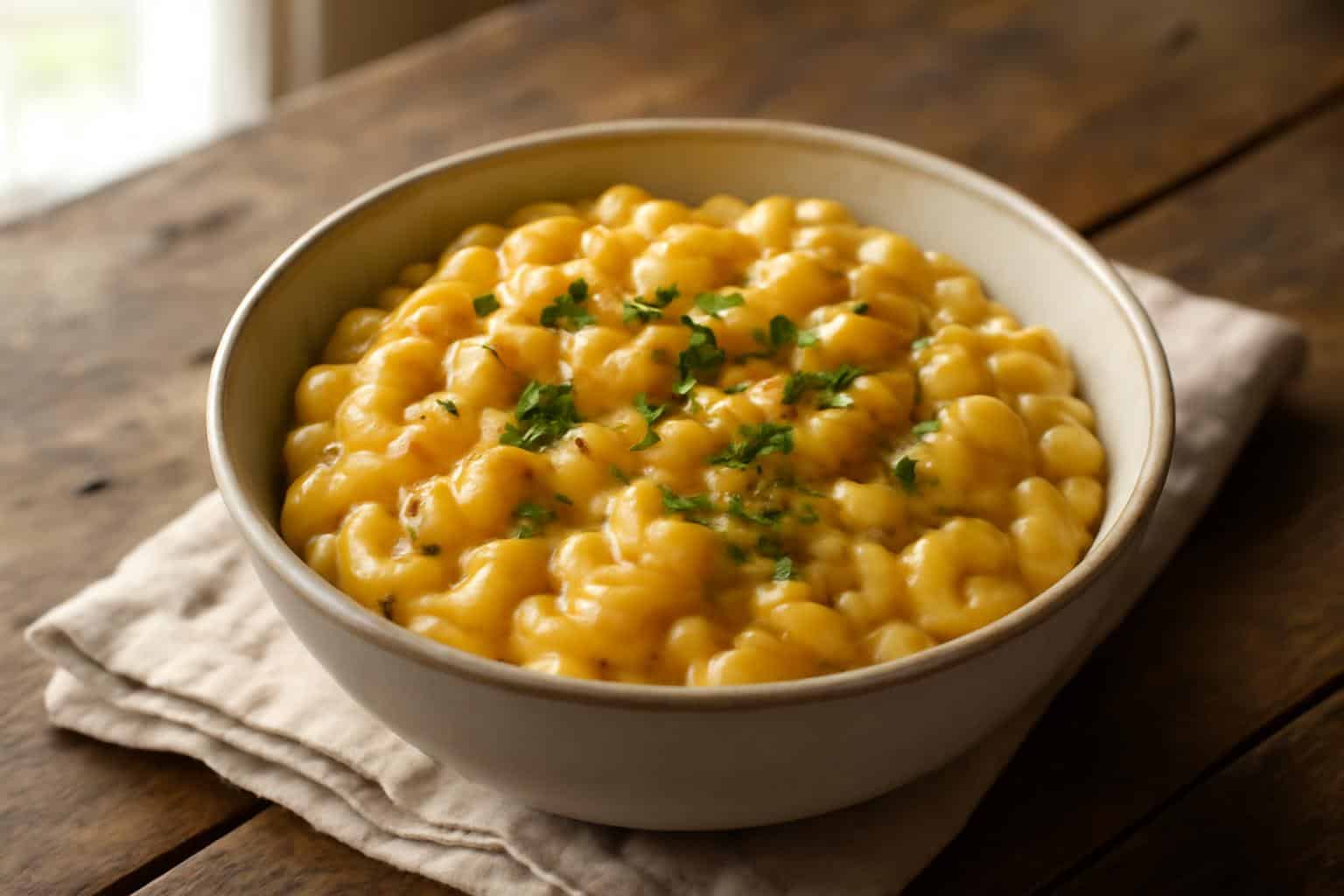 Creamy one pot mac and cheese served in a bowl garnished with parsley, focus on one pot mac and cheese