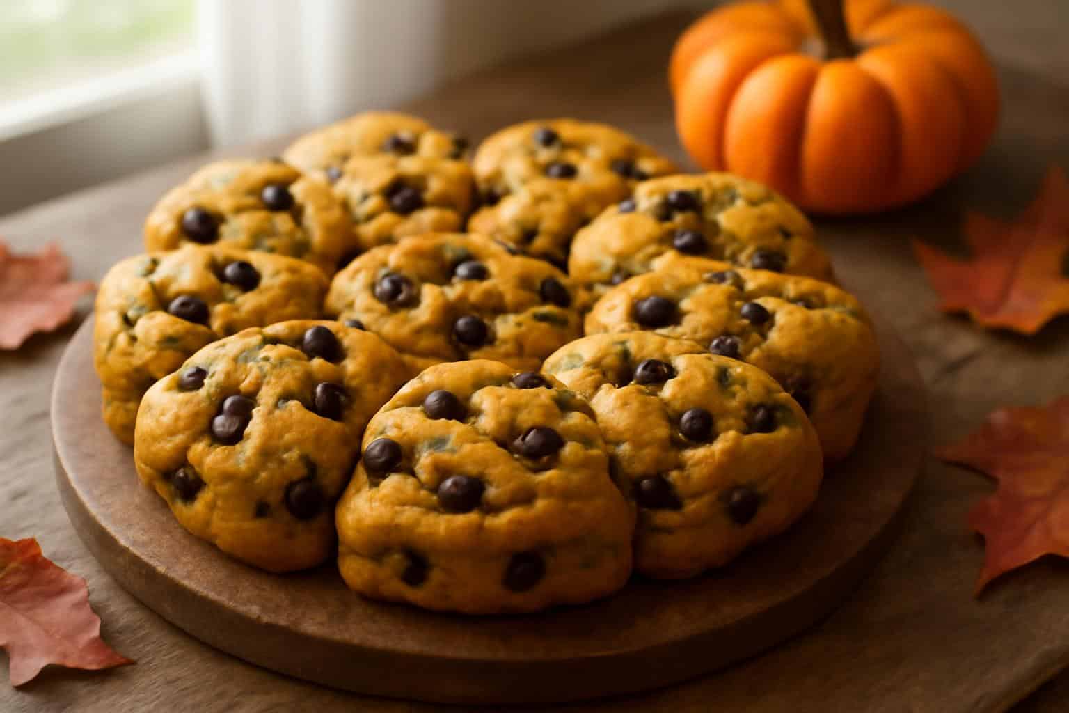 pull apart pumpkin chocolate chip cookie cake with melted chocolate chips and golden dough