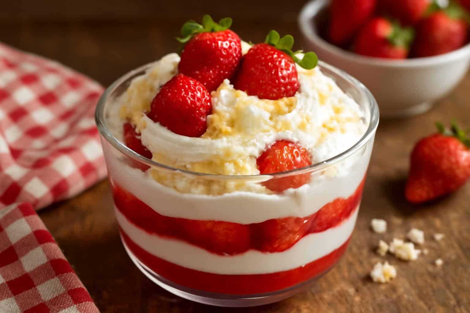 Red white & birthday delight birthday dessert with strawberries and whipped cream in glass bowl