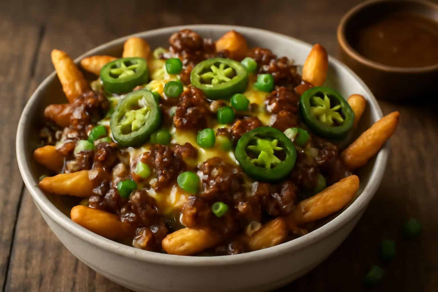 A bowl of voodoo fries topped with gravy, cheese, sausage, green onions, and jalapeños