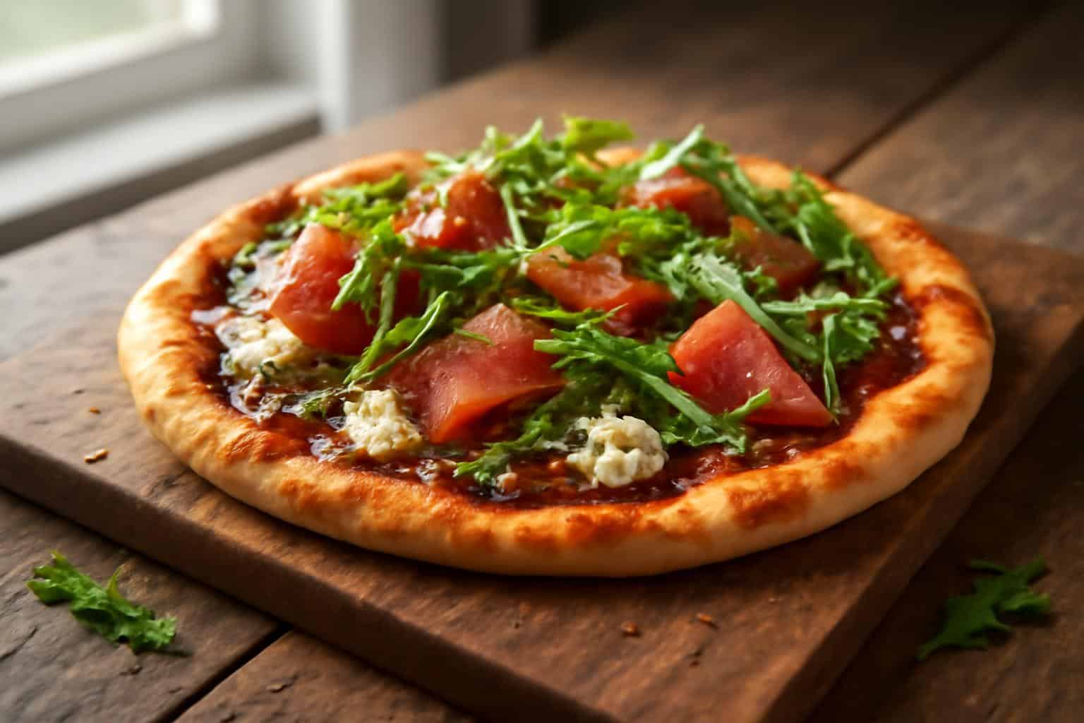 Savory fig jam pizza topped with goat cheese and prosciutto on rustic wooden board