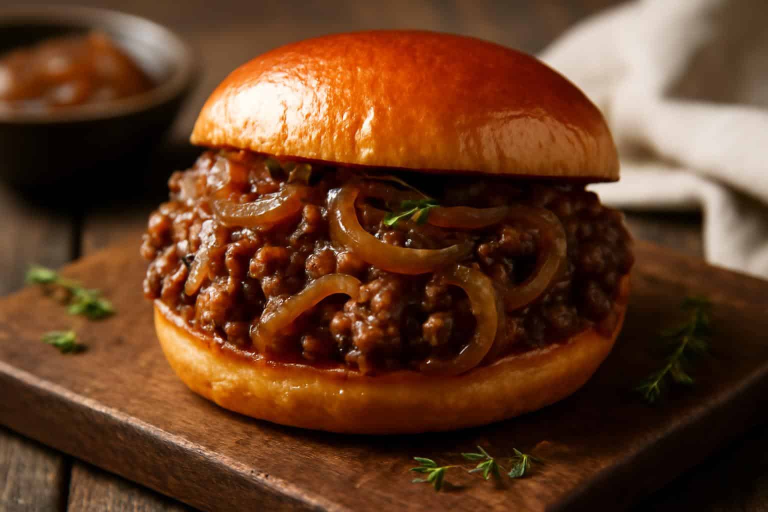 Savory French onion sloppy joes with caramelized beef and onions on toasted buns