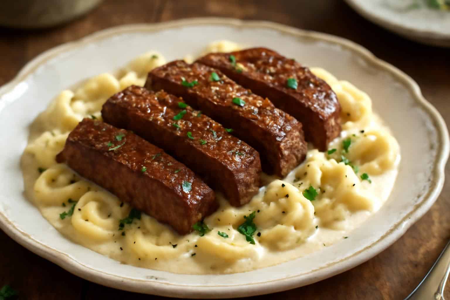 Garlic butter steak served with creamy cheesy Alfredo tortellini garnished with parsley