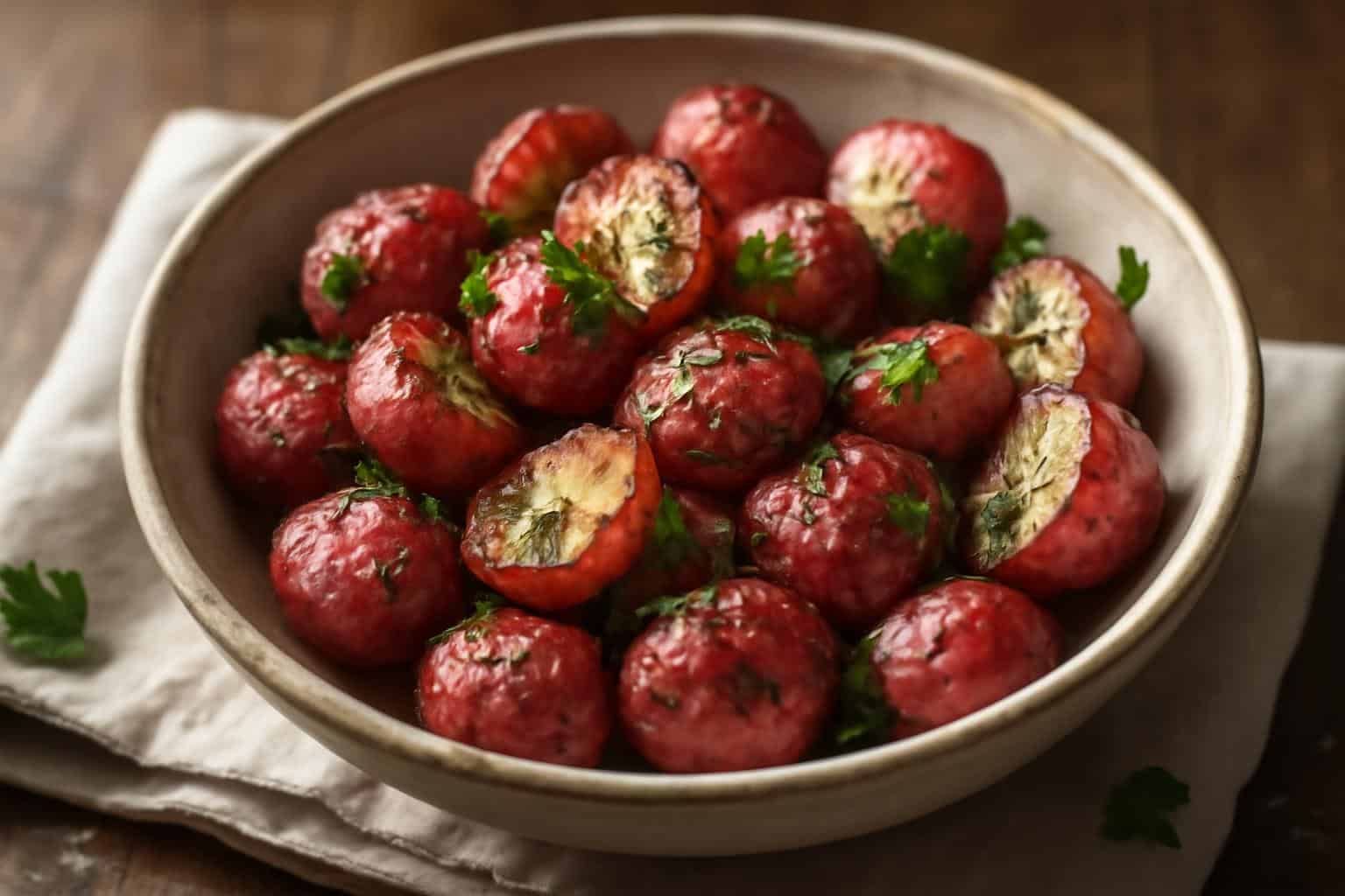 Garlic herb roasted radishes served as a flavorful side dish with fresh parsley garnish