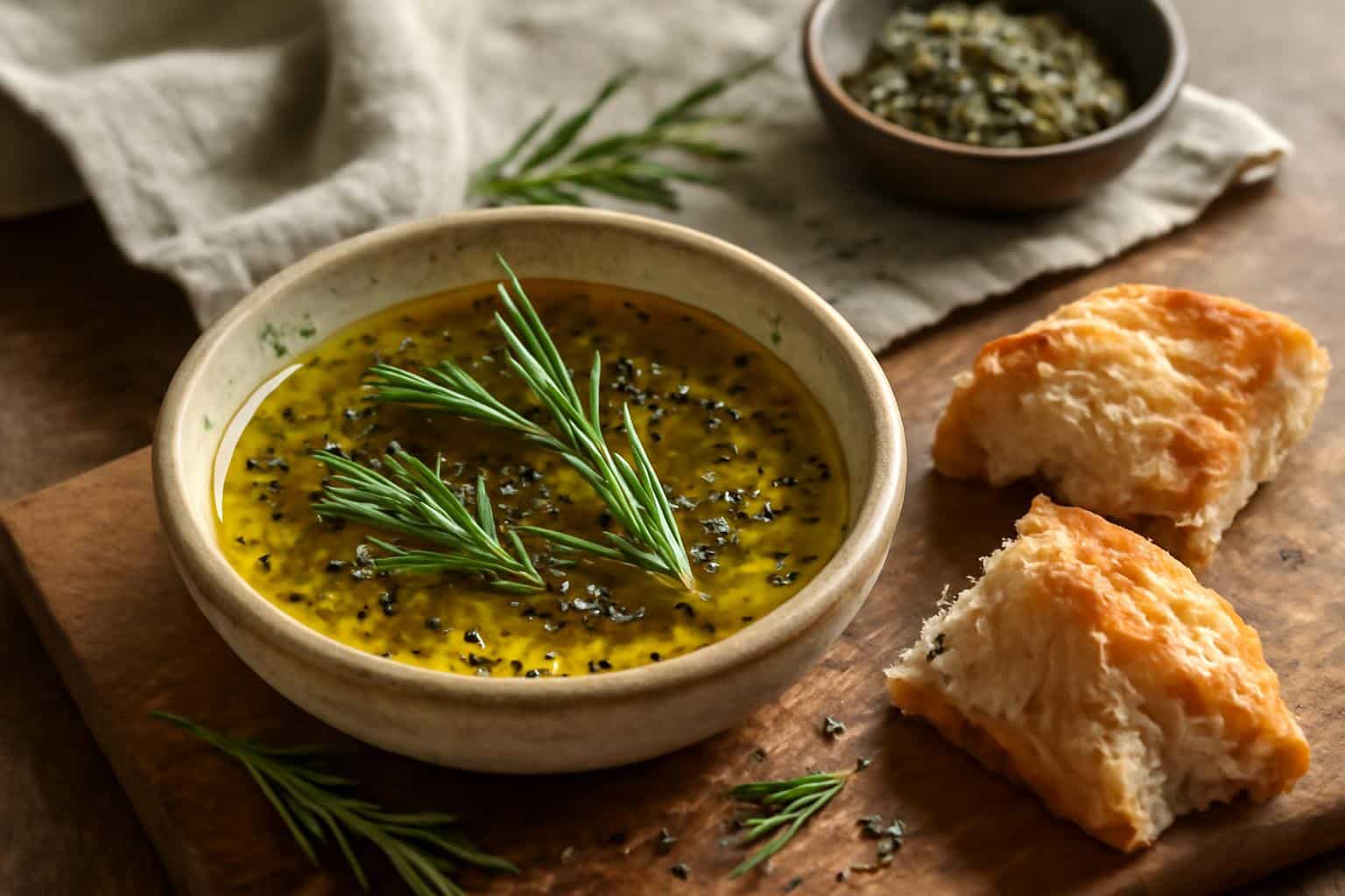 Savory olive oil bread dip in rustic bowl with fresh herbs and crusty bread pieces