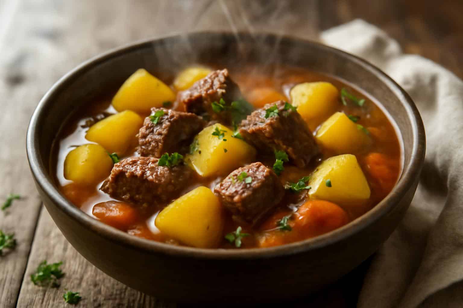 Bowl of savory potato beef soup made in slow cooker, garnished with parsley