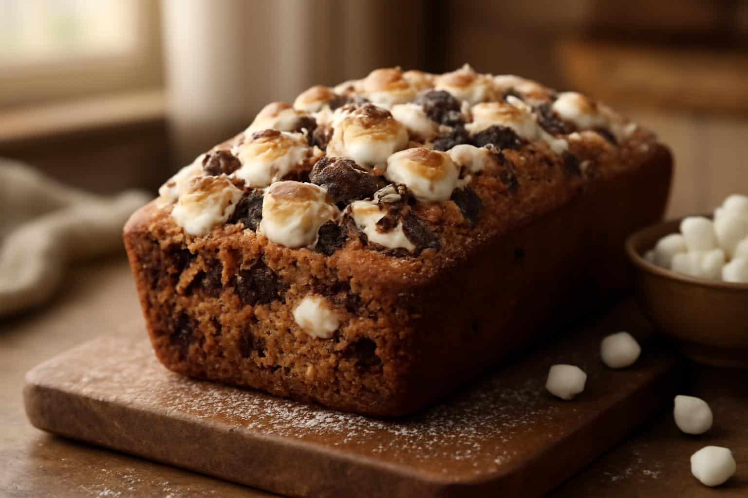 Freshly baked s'mores banana bread with gooey marshmallows and chocolate chunks