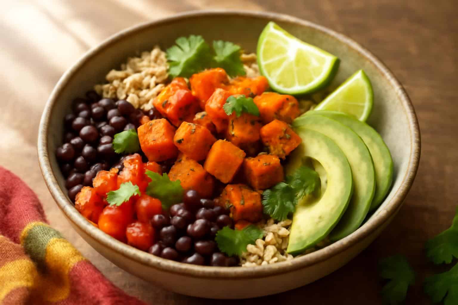 Sweet potato taco bowl with roasted sweet potatoes, black beans, avocado, and cilantro garnish