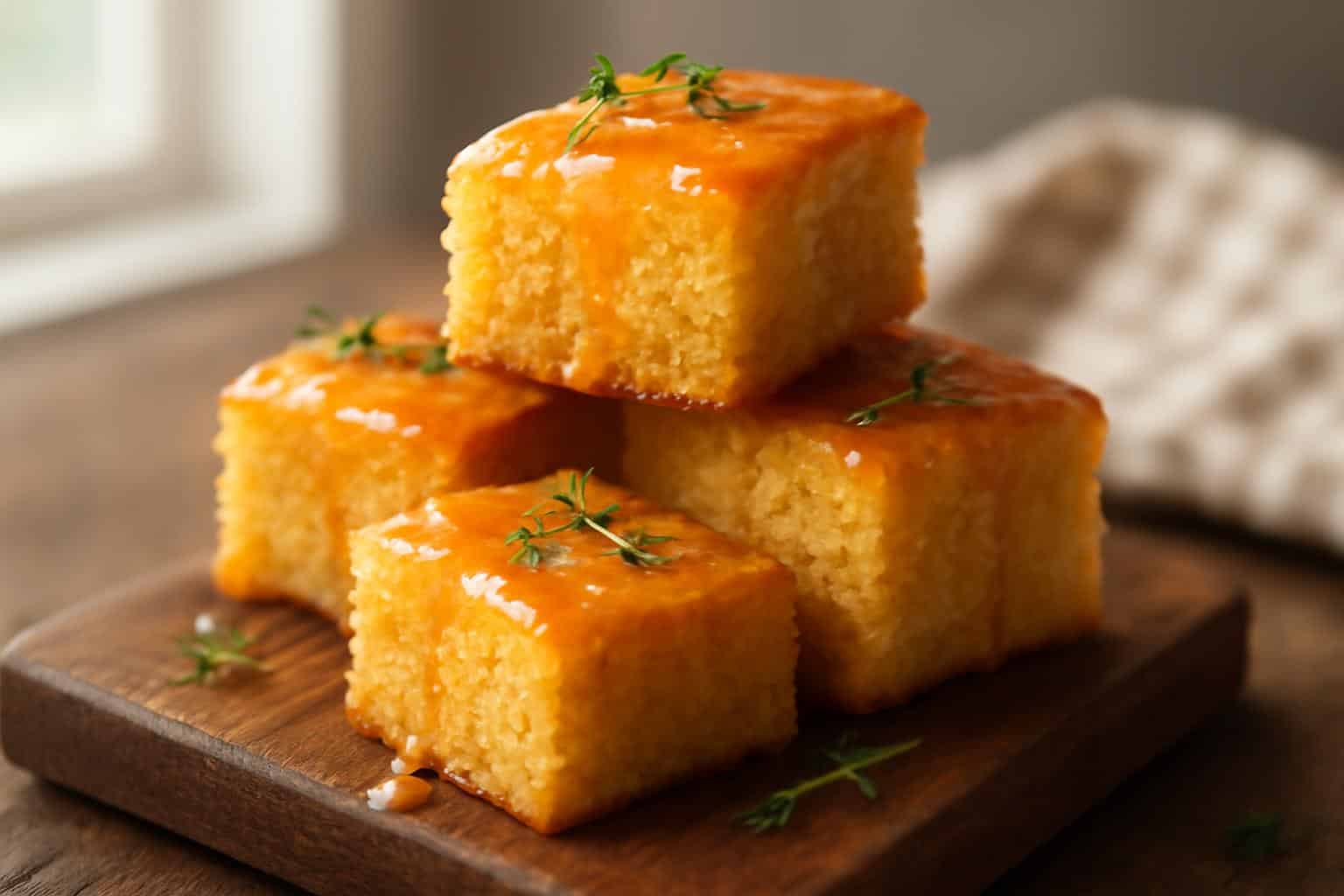 Golden honey butter cornbread bites stacked with honey drizzle and thyme garnish