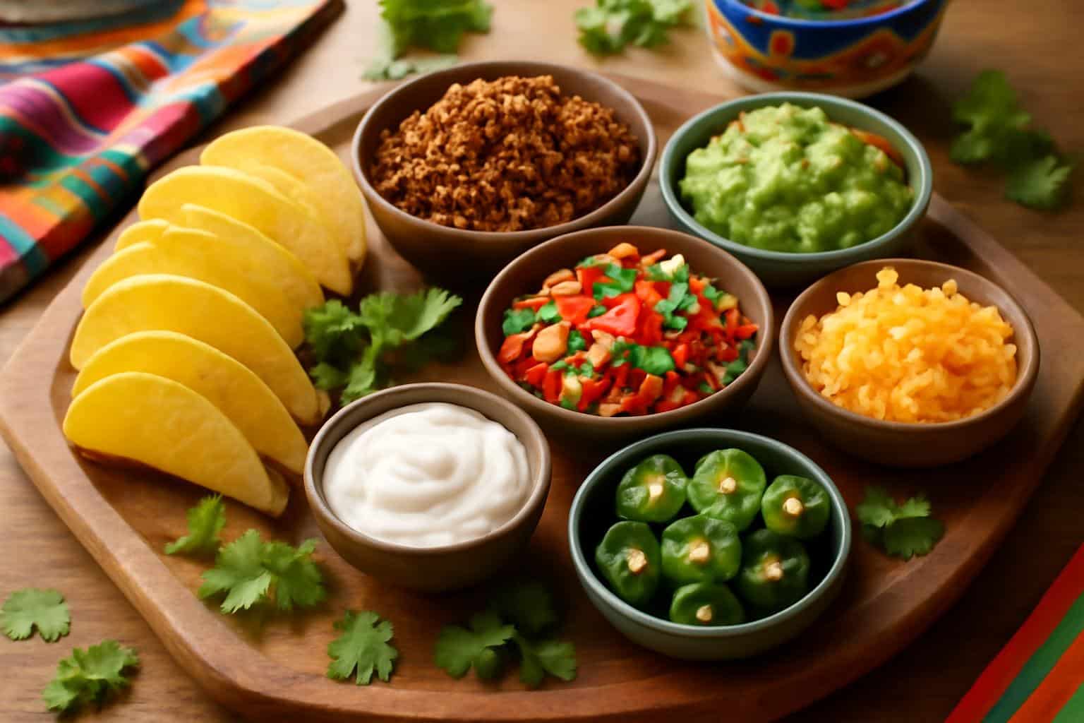 Taco dinner board with mini tacos, guacamole, and appetizers laid out attractively