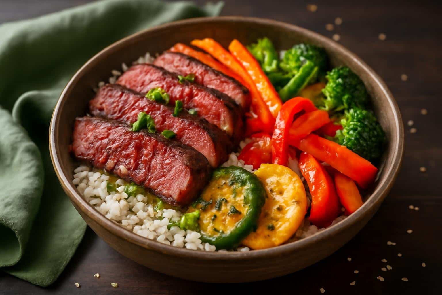 Tasty hibachi steak bowls with grilled steak and vegetables over rice garnished with scallions