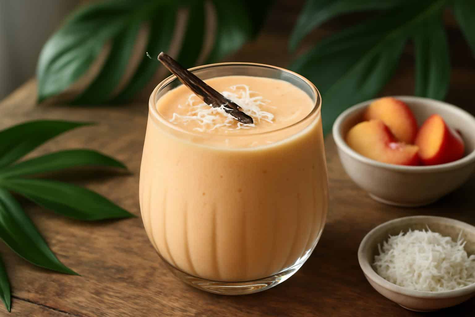 Creamy peach coconut smoothie with a hint of vanilla in a glass with tropical garnish