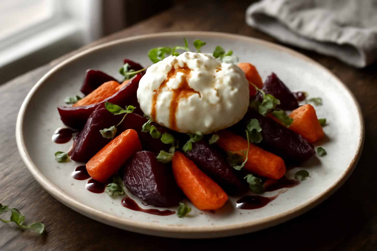 Vibrant roasted beet salad with carrots and creamy burrata cheese
