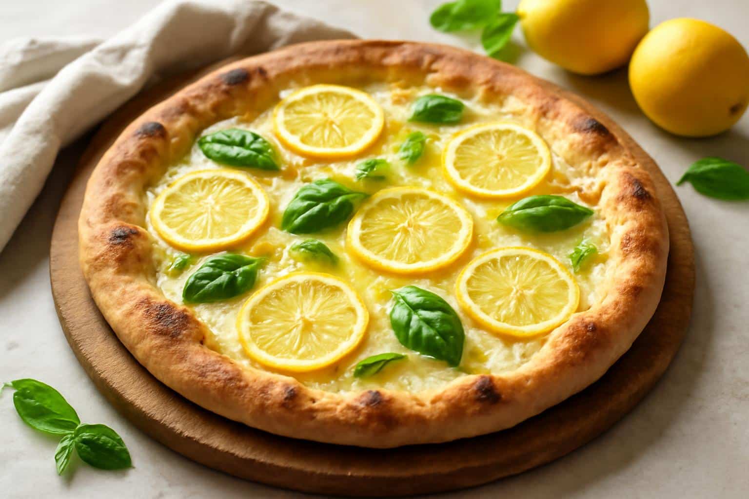 Zesty summer lemon pizza with fresh lemon slices and basil on rustic board, lemon pizza