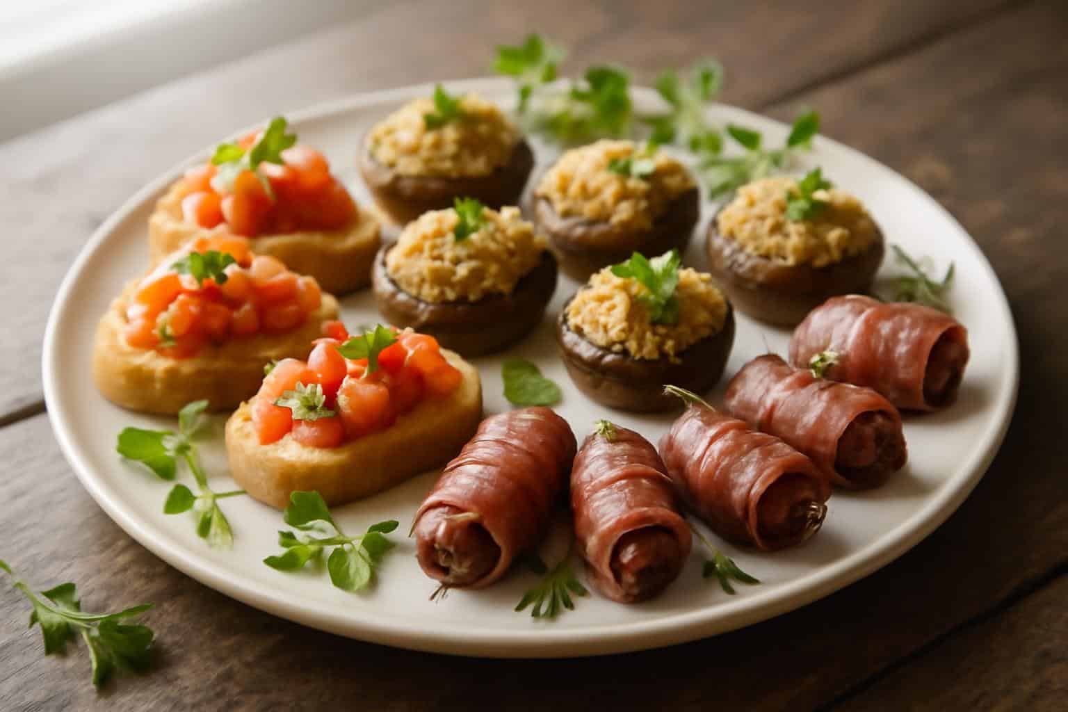 Platter of assorted wedding finger food including mini bruschettas and stuffed mushrooms