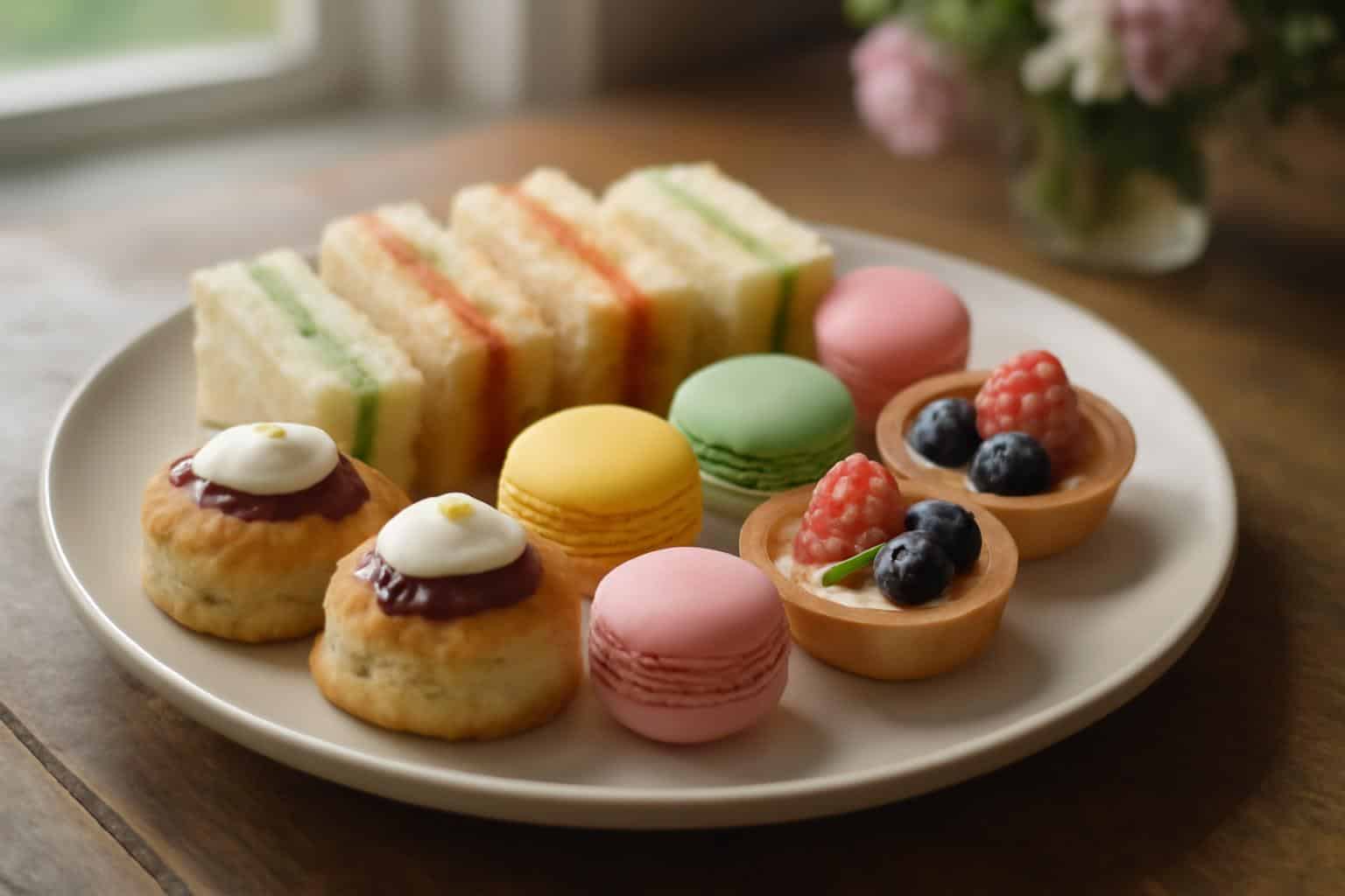Assorted tea party treats including mini scones, finger sandwiches, macarons, and fruit tarts arranged beautifully