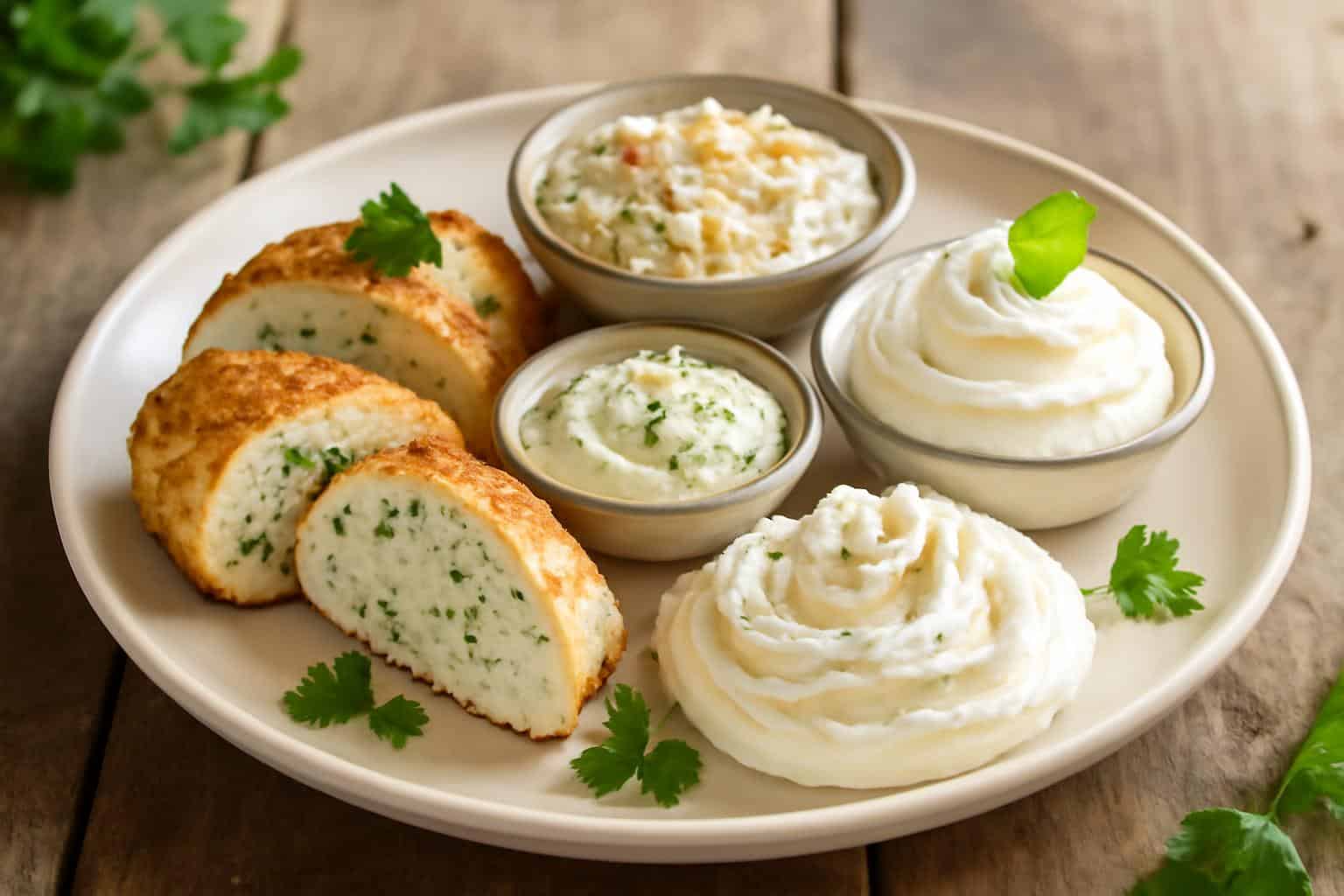 Assortment of cream cheese recipes including dinners and desserts on rustic table with garnish