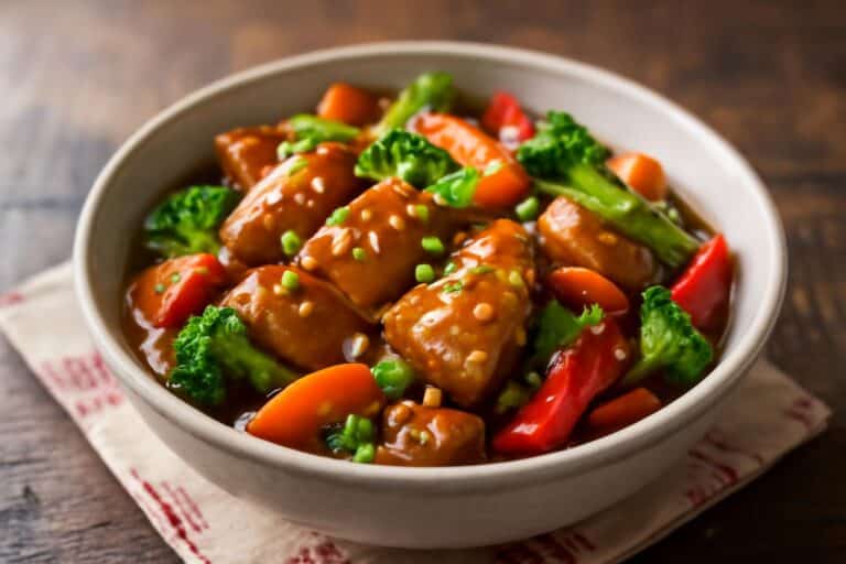 Delicious crockpot Chinese dishes featuring glazed chicken and vegetables with green onions and sesame seeds