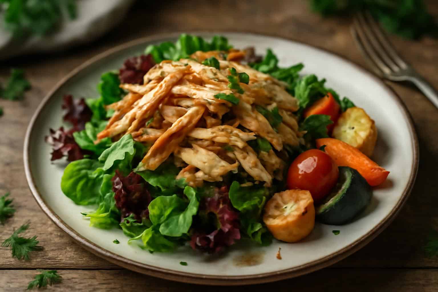 rotisserie chicken meals served with fresh greens and roasted vegetables in natural light