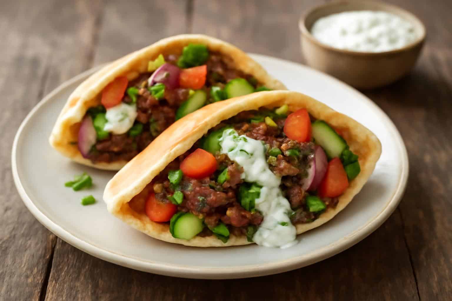 Mediterranean ground beef pita pockets filled with fresh vegetables and tzatziki sauce on a rustic wooden table