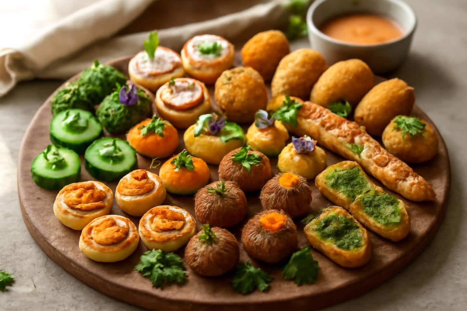 Plate of 33 unusual finger foods arranged with colorful garnishes and dipping sauce